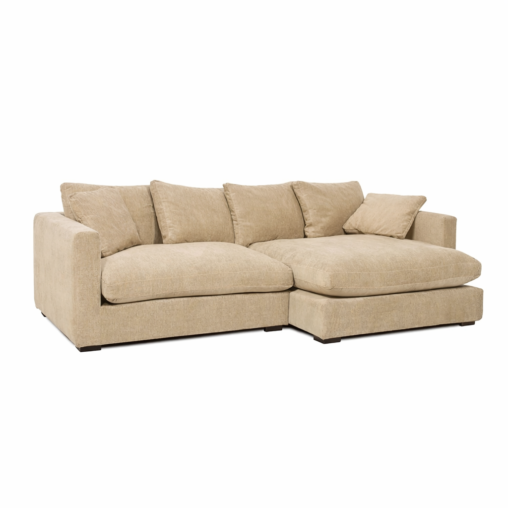Auduma stūra dīvāns Comfy mīksti polsterēts bēšīgā krāsā