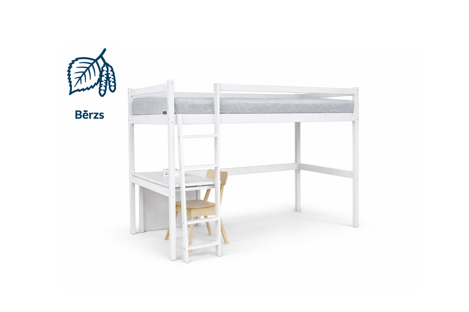 Augstā bērnu gulta ar kāpnēm un galdu Skyloft baltā krāsā